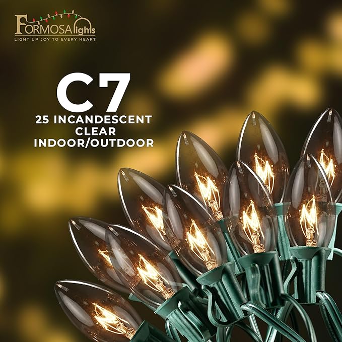 C7 25ft Indoor/Outdoor Clear Incandescent Christmas String Lights/Patio Lights with 25 Bulbs | 120V, 5W