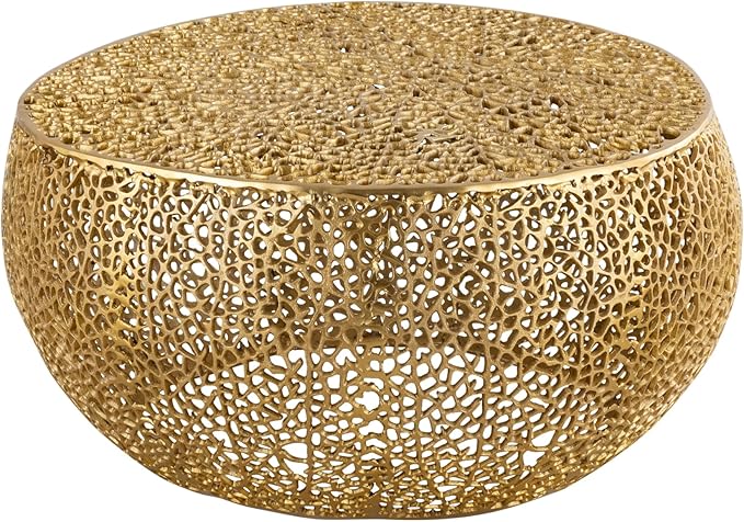 Modern Contemporary Round 32" Coffee Table, Solid Aluminum intrigued Design, Drum Shaped Mesh Cocktail Table, Creative Center Table for Living Room and Bedroom, Casted in Gold