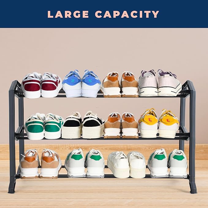 happhom 3-Tier Expandable Shoe Organizer, Space Saver Shelf with Smart Design, Small Shoe Rack for Entryway, Cabinet and Small Spaces, Dark Grey (CSR-02)