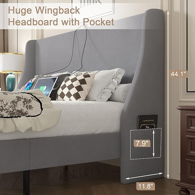 VECELO Full Bed Frame with Upholstered Wingback Headboard, Heavy-Duty Platform Bedframe with Charging Station, Wooden Slats, No Box Spring Needed, Light Grey