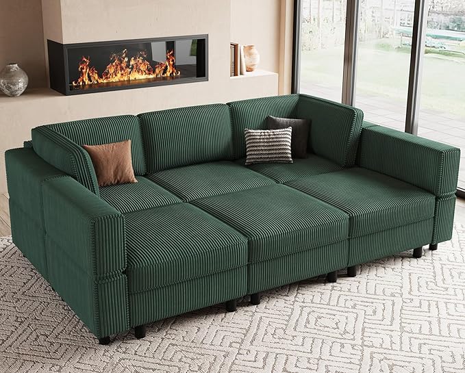 88.6" Modular Sectional Sofa with Sleeper Sofa,6 Seat Corduroy Sectional Couch with Deep Storage Seat,Upholstered Sectional Couches for Living Room,Green