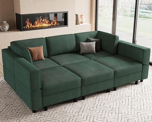 88.6" Modular Sectional Sofa with Sleeper Sofa,6 Seat Corduroy Sectional Couch with Deep Storage Seat,Upholstered Sectional Couches for Living Room,Green