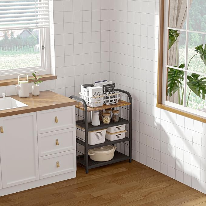 Shoe Rack, 4-Tier Shoe Organizer with Guardrails, Heavy-Duty Metal Mesh Shelves & Rustic Wooden Top for Stylish Closet & Front Door Storage