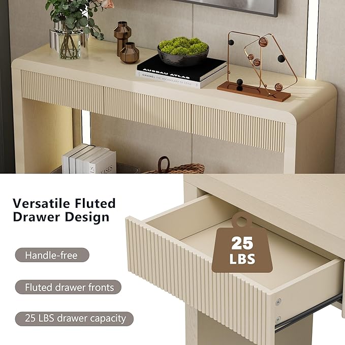 55”Curved Rustic Console Table with 3 Fluted Drawers,Solid Wood Veneer Entry Table Foyer Hallway Table, Narrow Sofa Table Natural Wood Grain for Living Room, Hallway (Oak)