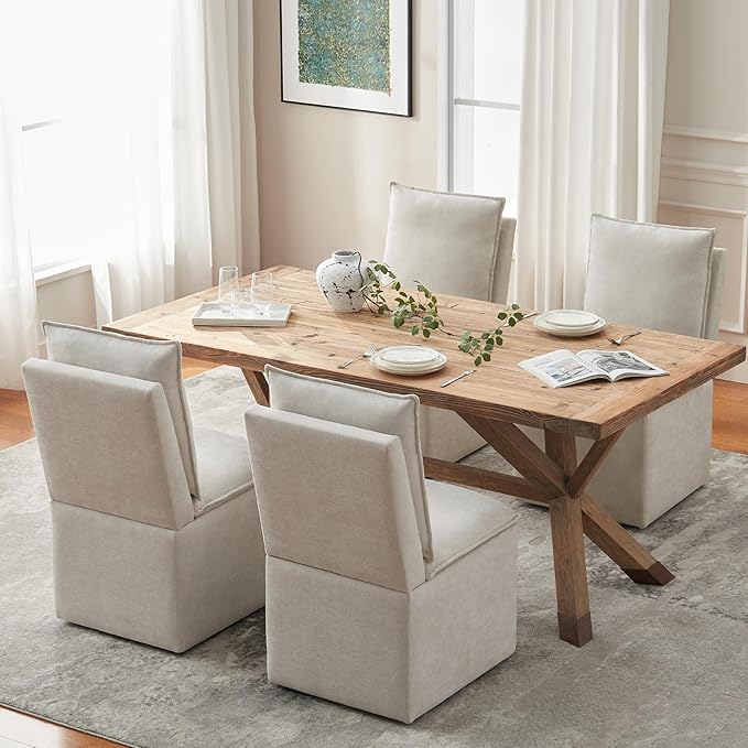 VKNOW Upholstered Dining Chairs Set of 4, Modern Rolling Chairs with Wheels and Storage, Linen Armless Chair with Backrest and Cushion, Dining Room Chairs for Living Room Kitchen Bedroom, Light Grey