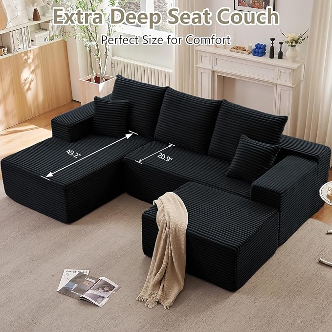 107" L-Shape Sofa with Ottoman, Modern Modular Sectional Comfy U-Shape Cloud Couch, Deep Seat, Upholstered Corduroy Sleeper Chaise Longue for Living Room Bedroom, No Assembly Required, Black