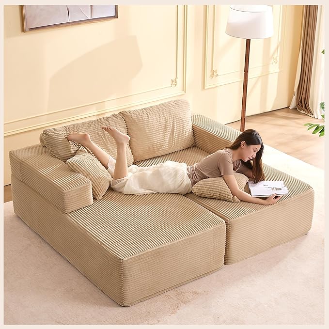 Chaise Lounge Chair, Boneless Couch for Living Room and Bedroom, Sleeper Couches Reading Chairs, Corduroy, Camel