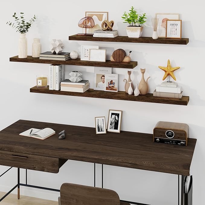 Fun Memories 66 Inch Fireplace Mantel - Long Floating Shelf, Wall Mounted Farmhouse Display with Invisible Heavy Duty Metal Bracket, Brown, 2 Pack