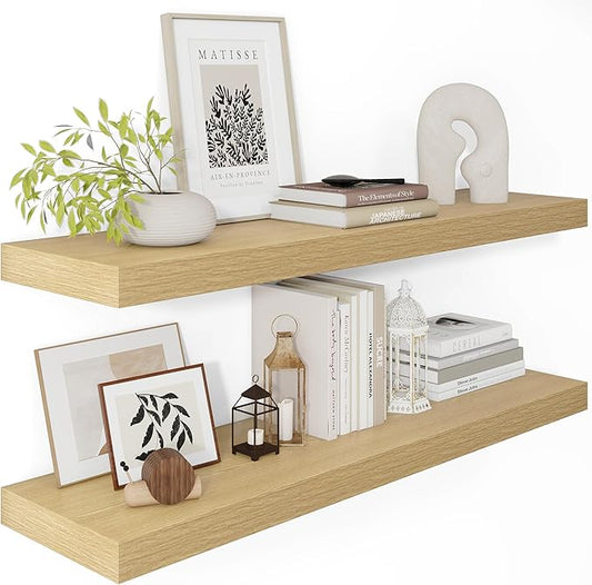 Vivelove 12 Inch Deep Floating Shelves 36 inch Long, 2 Inch Thick Wall Shelves with Invisible Brackets, Shelf for Bedroom Bathroom Living Room Kitchen Office Home Decor, Modern Shelf Set of 2, Oak