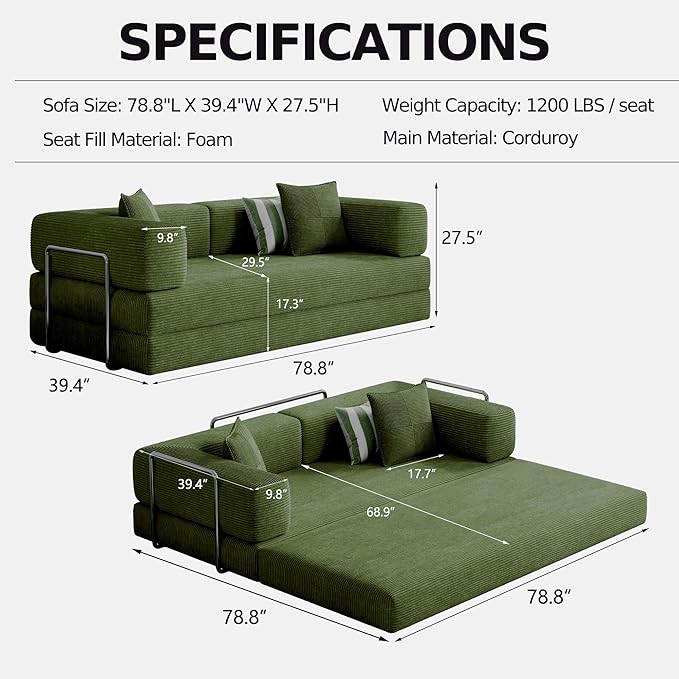 Compressed Sleeper sofa bed,Convertible Floor Boneless Couch-With Comfy Pillow,Modular Modern Corduroy Sofa for living room Bedroom Lounge Studio-With Fixed-shape Frame and support Armrest(Green)
