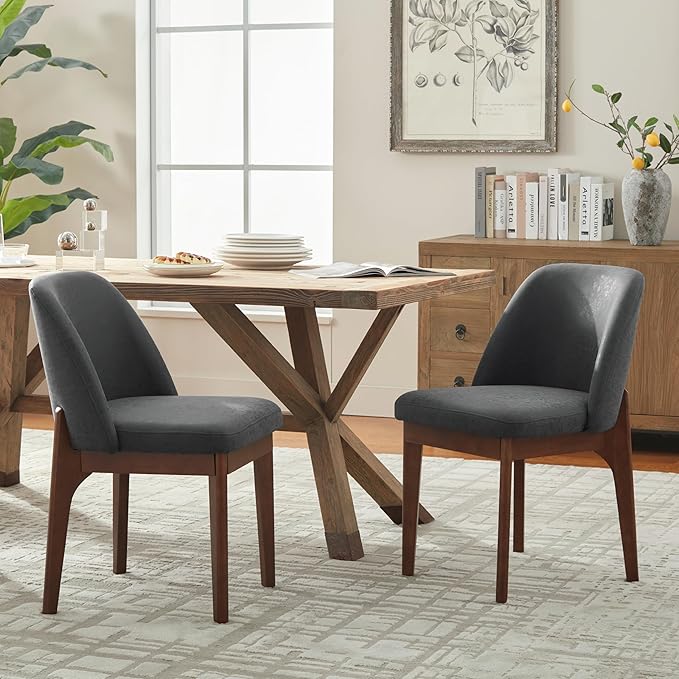 VKNOW Modern Dining Chairs Set of 2, Faux Leather Kitchen Chairs with Wood Legs, Upholstered Side Chair for Kitchen Dining Room, Black