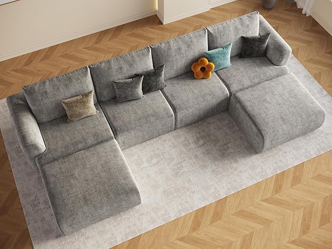 EASE MOOSE Boneless Modular Cloud Couch, Oversized U-Shaped Sectional Sofa for Living Room with Ottoman, Extra Large Movable Couches, 6-Deep-Seat Sofas for Bedroom, Apartment, Chenille (Light Grey)