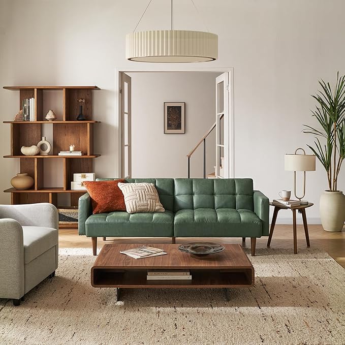 mopio 76.4" Futon Sofa Bed, Couch, Loveseat, Sleeper Sofa, Mid Century Modern Futon Couch, Sofa Cama, Couches for Living Room (Aaron PU, Sage Green)
