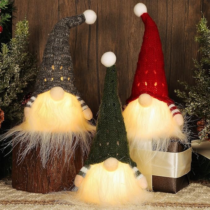 Juegoal Christmas Plush Gnomes, 9 Inch Lighted Handmade Mini gnome Scandinavian, Light Up Swedish Tomte Elf Holiday Present, Battery Operated Xmas Gifts Table Ornaments Dinner Party Supplies, Set of 3