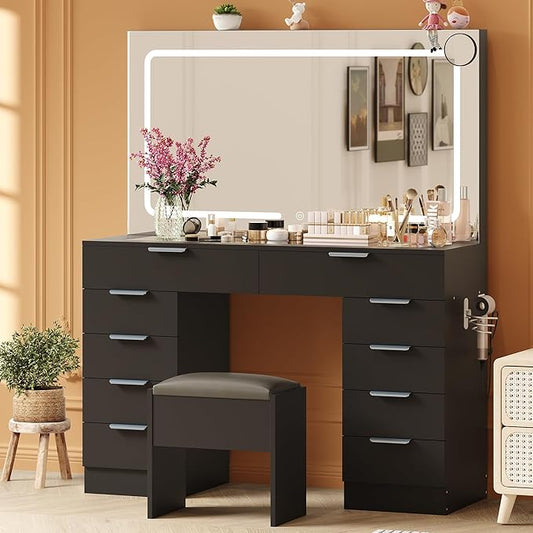 Garvee Vanity Desk with Large Mirror and Lights & Magnifying Glass, Makeup Table, Dressing Table Set with Stool, Power Outlet, 3 Lighting Modes, 10 Drawer, Black