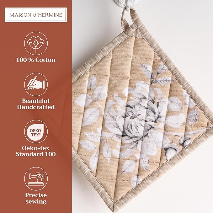 Maison d' Hermine Pot Holders 100% Cotton Heat Resistant Potholders 8" x 8" Hot Pads with Loop for Thanksgiving Christmas Decorations BBQ Cooking Baking Handling Hot Pans (Pack of 1, Pretty Autumn)
