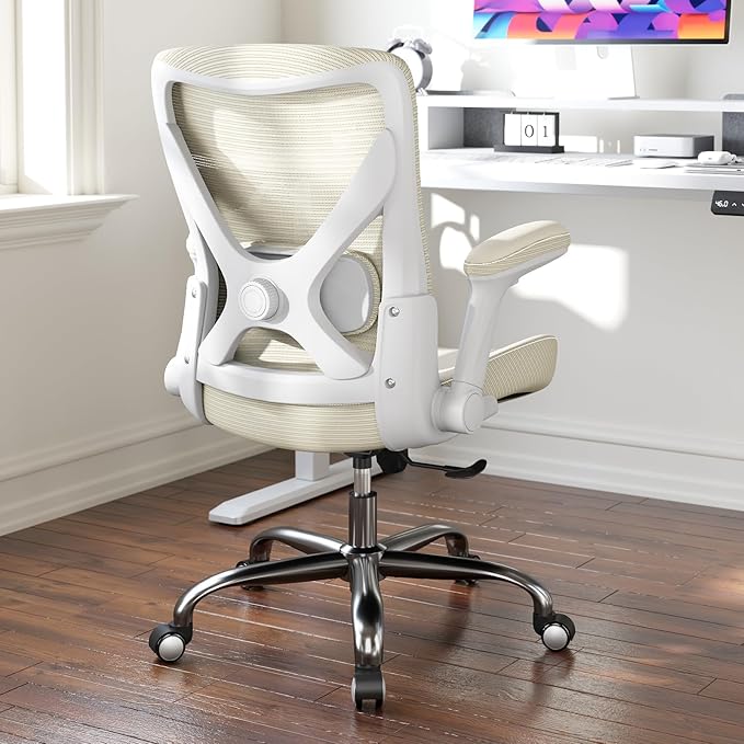 Office Home Ergonomic Desk Chair-Computer X-Shaped Chair Mesh PU Leather with Adjustable Lumbar Support-Executive Chair High Back Flip-Up Arms for Long Hours (Beige-No Headrest)