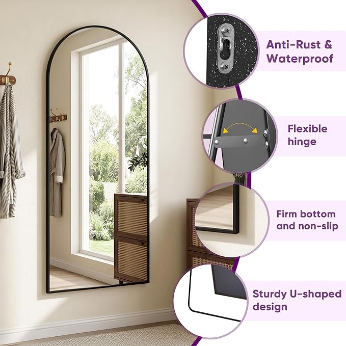 Full Length Mirror, 76"x34" Arched Floor Mirror Freestanding, Floor Standing Full Body Mirror with Stand for Bedroom, Hanging Mounted for Living Room Cloakroom, Black