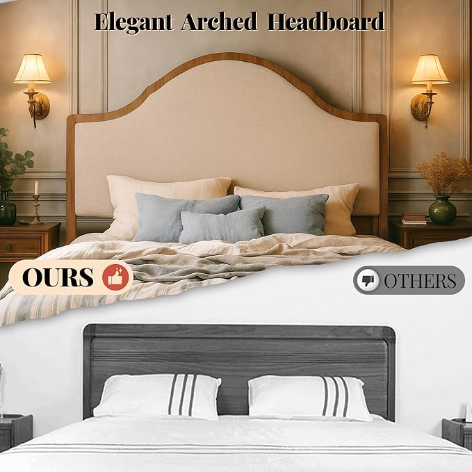 Jocisland Full Size Bed Frame with Tall Upholstered Curved Headboard, Solid Wood Platform Bed, No Box Spring Needed, Wood Slat Support, Easy Assembly, Walnut