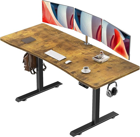 Veken 63 x 28 Inch Electric Standing Desk, Sit to Stand Up, Work Home Office Computer Table for Study, Walking Pad, Writing, and Games, Wooden Desktop Desks, Brown