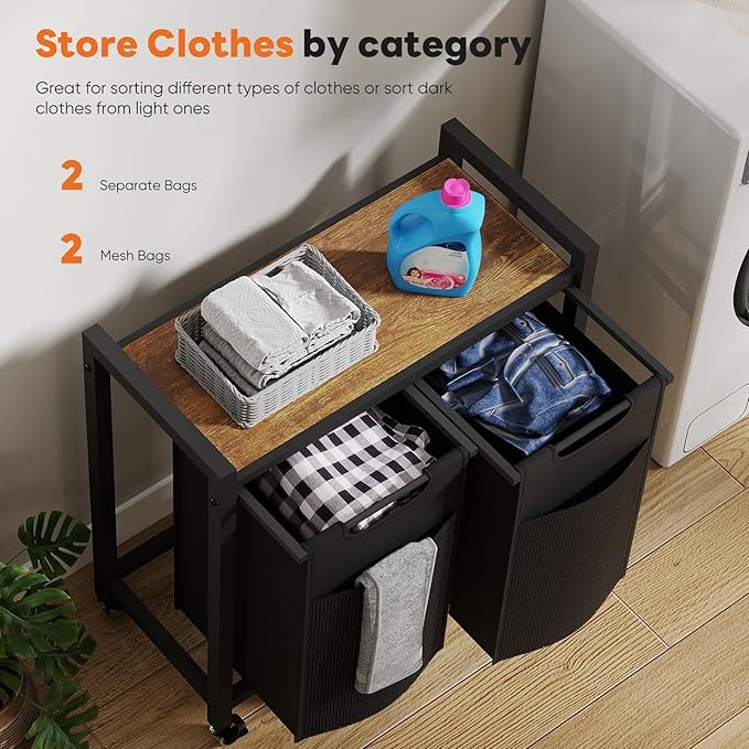 Sweetcrispy Laundry Hamper with 2 Pull-Out Removable Sorter Bags, Movable Wheels, Freestanding Clothes Basket Organizer in Bathroom, 2 × 13.1Gal (99L) Capacity, Rustic Brown and Black