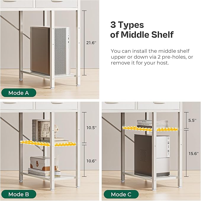 Huuger Computer Desk with 6 Drawers, Office Desk with Shelves, Reversible Gaming Desk, Corner Desk with Storage, Work for Home Office, Study, Living Room, 47inch, White