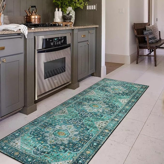 Moynesa Ultra-Thin Washable Runner Rug - 2x7 Teal Hallway Rug Runner Kitchen Carpet Runner, Non Skid Non Shedding Low Pile Bathroom Mat for Apartment Entryway Foyer Vanity RV