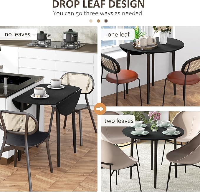 HOMCOM 35" Small Kitchen Table, Collapsible Drop Leaf Table for Small Spaces, Round Folding Dining Table with Solid Wood Legs for Kitchen, Dining Room, Black