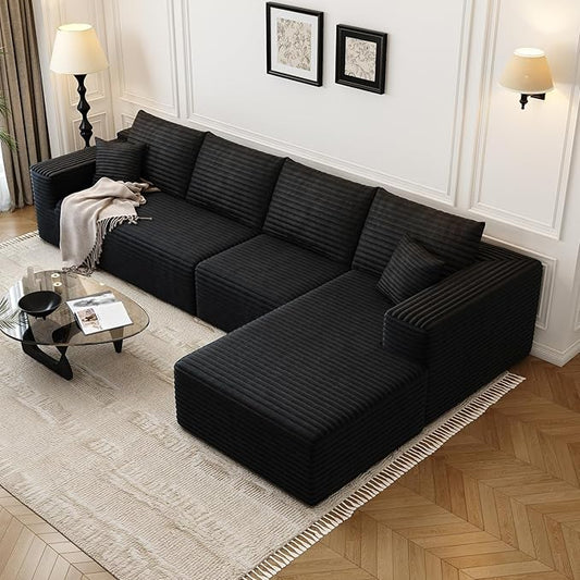 135.4" Cloud Modular Sectional Sofa Couch with L-Shape Chaise,Modern Minimalist Upholstered Couches for Living Room Bedroom,Deep Seat Corner Couch，No Assembly Required (Black,Right Facing Chaise)