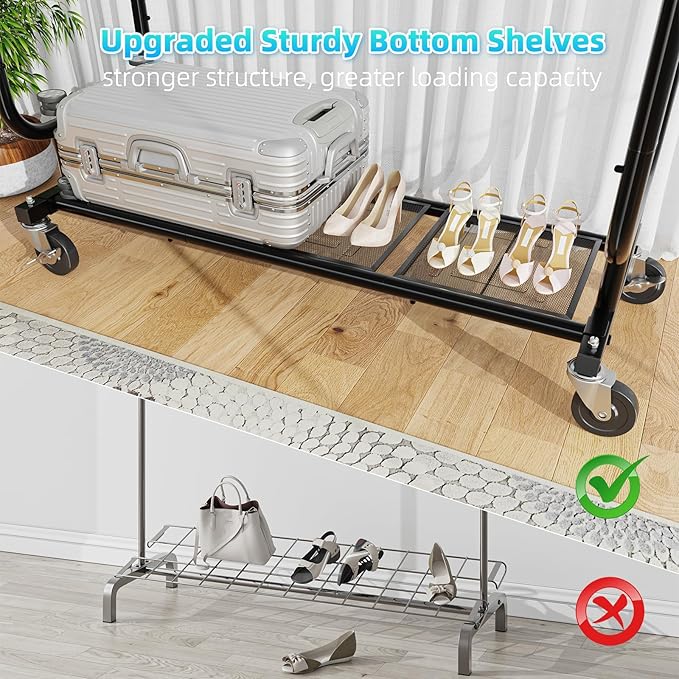 Clothes Rack Heavy Duty Load 450 LBS, 44 Inch Double Rod Rolling Clothing Rack for Hanging Clothes, Metal Garment Rack with Shelves, Wardrobe Rack Portable Closet, Black