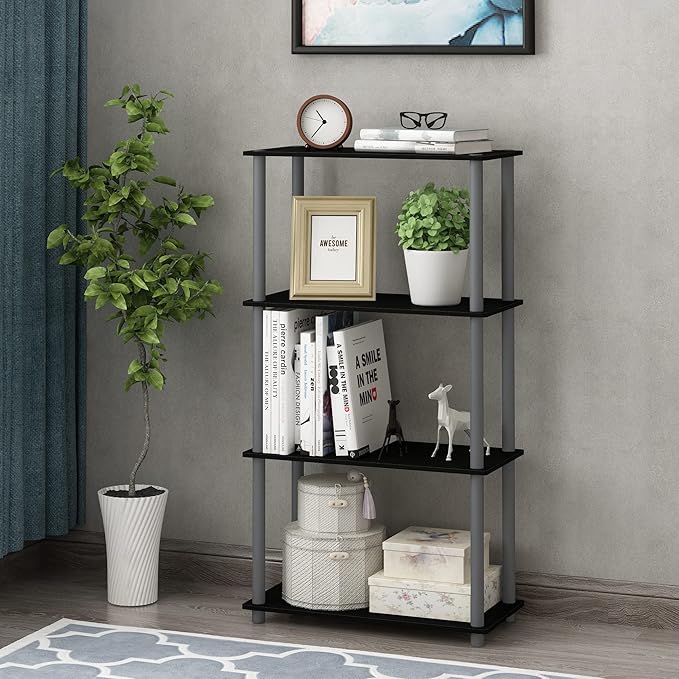 Furinno (99557BK/GY) Turn-N-Tube 4-Tier Multipurpose Shelf Display Rack - Black/Grey