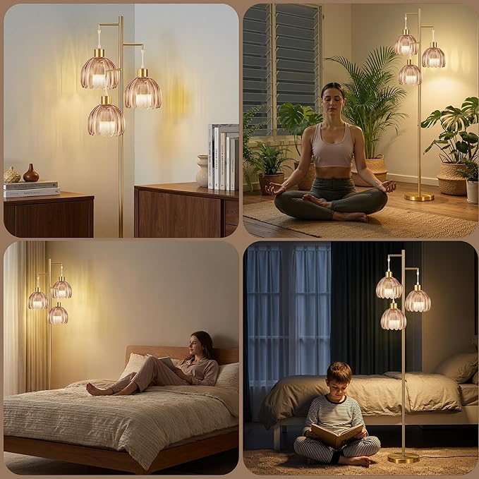 COTTHOS Floor Lamp for Living Room, Modern Standing Lamp Brass Glass Green Tree 3 Light Tall Floor Lamps for Bedroom & 800 Lumens LED Bulbs, Vintage Flower Lamp Shade Farmhouse Boho Bohemian Gold