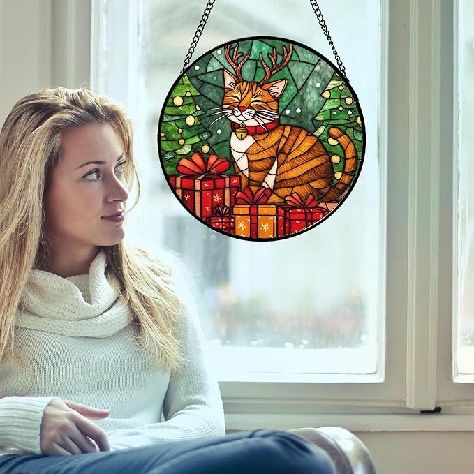 Stained Glass Window Hanging Orange Cat Elk Antler 7.8" - Suncatcher Door Garden Kitchen Sun Catcher Home Decor Birthday Gifts for Lost Pets Mom Men Woman Friend Grandma