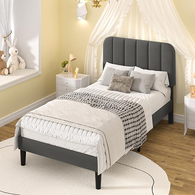 VECELO Twin Size Bed Frame with Upholstered Headboard, Velvet Platform Bedframe Mattress Foundation, Strong Wood Slat Support, No Box Spring Needed,Grey