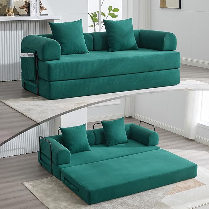 Convertible Sleeper Sofa Bed, Folding Floor Sofa Bed with Fixed-Shape Frame, Corduroy Floor Sleeper Sofa with Storage Pocket, Futon Boneless Sofa Couch for Living Room, Emerald Green
