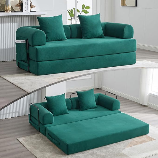 Convertible Sleeper Sofa Bed, Folding Floor Sofa Bed with Fixed-Shape Frame, Corduroy Floor Sleeper Sofa with Storage Pocket, Futon Boneless Sofa Couch for Living Room, Emerald Green