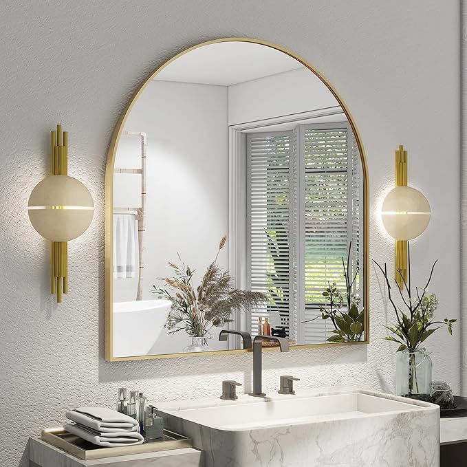 Arched Bathroom Mirror 32" x 34" for Bathroom Vanity Mirror or Wall Decor Gold Arch Mirror Aluminum Alloy Frame Wall Mounted Mirror for Living Room Bedroom Entryway