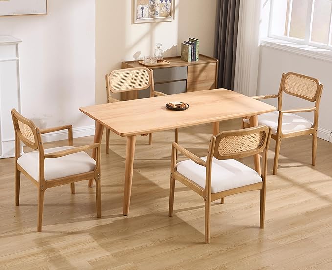 EALSON Rattan Dining Chairs with Arms Set of 4 Mid Century Dining Room Chairs with Wood Legs Linen Upholstered Kitchen Chairs Farmhouse Cane Back Arm Chair for Living Room, Beige, Light Natural