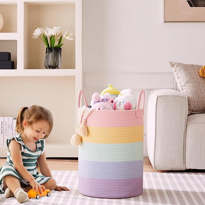 62L Hamper Laundry Basket for Baby Girls Kids Rainbow Nursery Hamper for Clothes Pastel Unicorn Woven Rope Blanket Basket for Toy in Playroom Bedroom Large