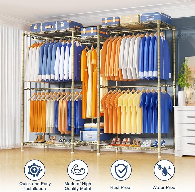 Ulif E12 Clothes Rack，Heavy Duty Freestanding Garment Rack with Shelves，Metal Clothing Closet Storage System for Hanging Clothes，71" W x 16" D x 76.5" H, Hold 960 lbs，Gold