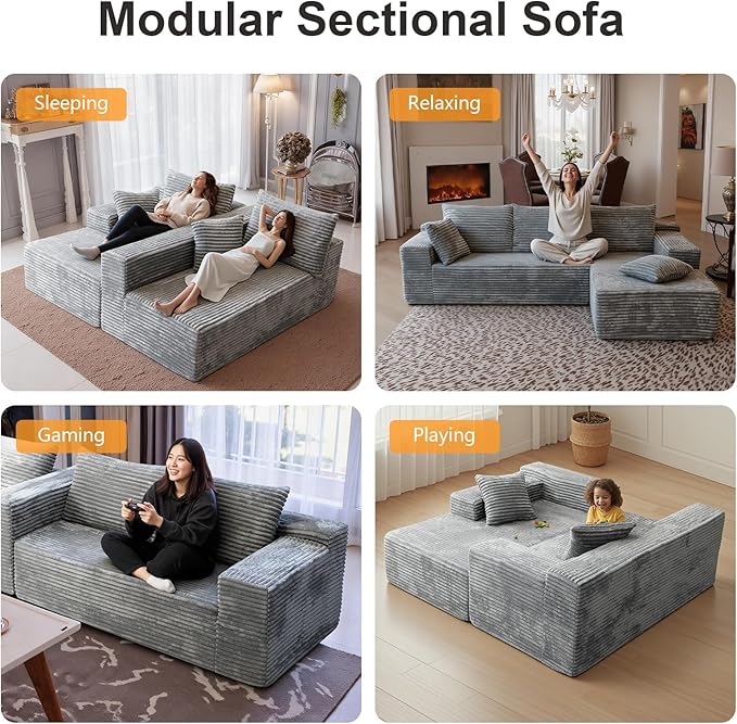 106''Boneless Couches for Living Room, L Shaped Modular Sectional Sofa with Chaise Lounge, Faux Rabbit Fur & Layered Cushion Deep Seat Cloud Couch, No Assembly (Grey, Right Facing Chaise)
