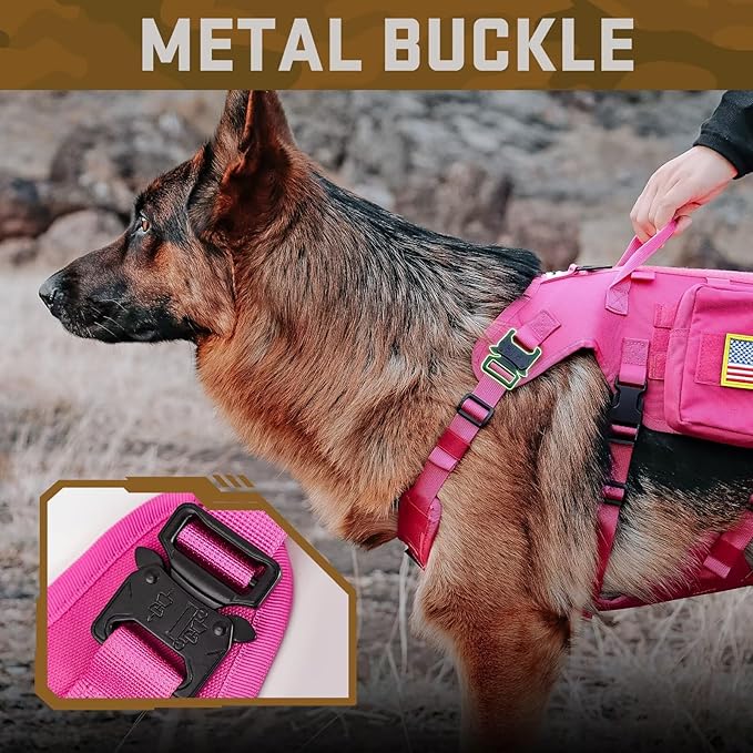 Forestpaw Pink Tactical Dog Harness for Large Dogs,Tactical Dog Collar with Bungee Leash Set,No Pull Military Dog Harness for Walking Training,Adjustable for Medium Large Dogs,Chest 15.5-25.5"