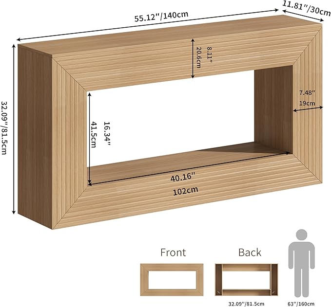 55" Console Table, 2-Tier Farmhouse Sofa Table with Storage Behind Couch, Narrow Rectangular Entryway Table for Living Room, Hallway, Entrance, Foyer, Natural