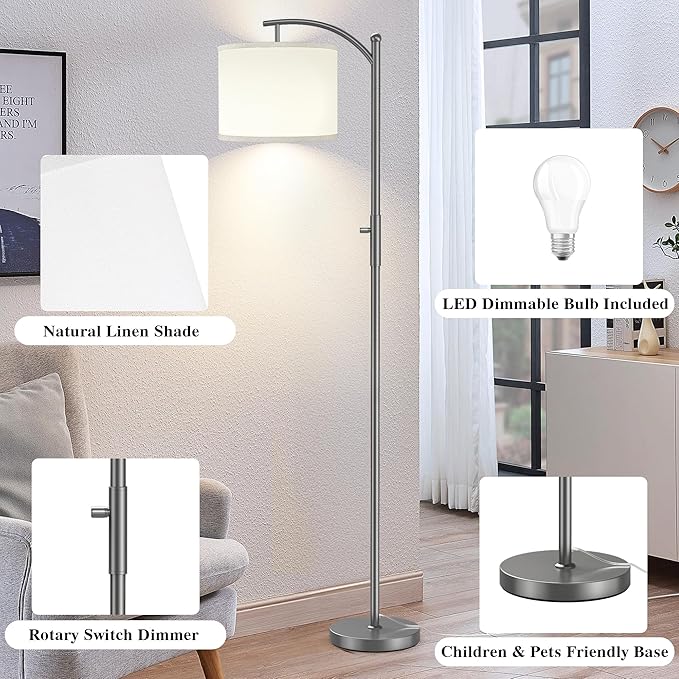 Dimmable Floor Lamp, Arc Floor Lamps for Living Room, Stepless Dimming Modern Standing Lamp with Linen Shade, Tall Lamp for Bedroom Office Dining Room- Grey