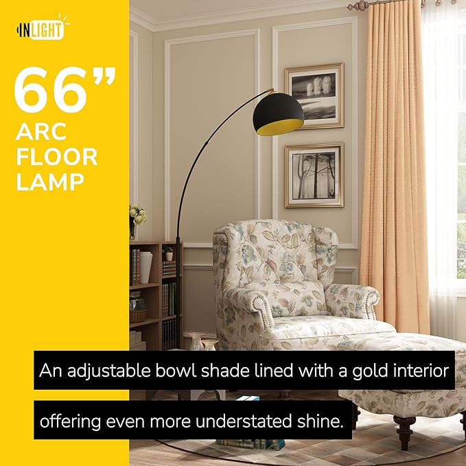 GETINLIGHT Inlight 66" Modern Black Metal Arc Floor Lamp with Inner Gold Metal Shade and Black Marble Base, Bulb Not Included, IN-0806-1-BK