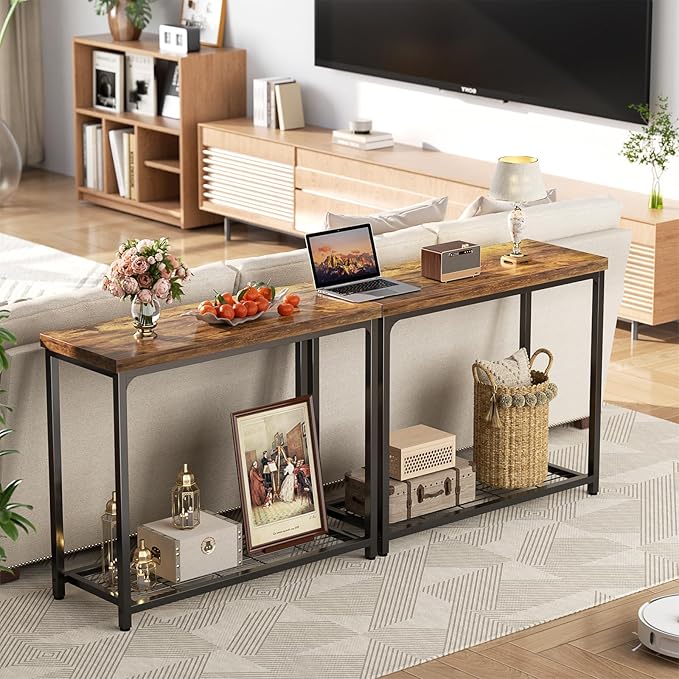 32" Small Console Table, 2-Tier Narrow Entryway Table, Sofa Table with Mesh Shelves, Console Tables for Living Room, Hallway, Entryway, Farmhouse Console Table with Storage, Rustic Brown