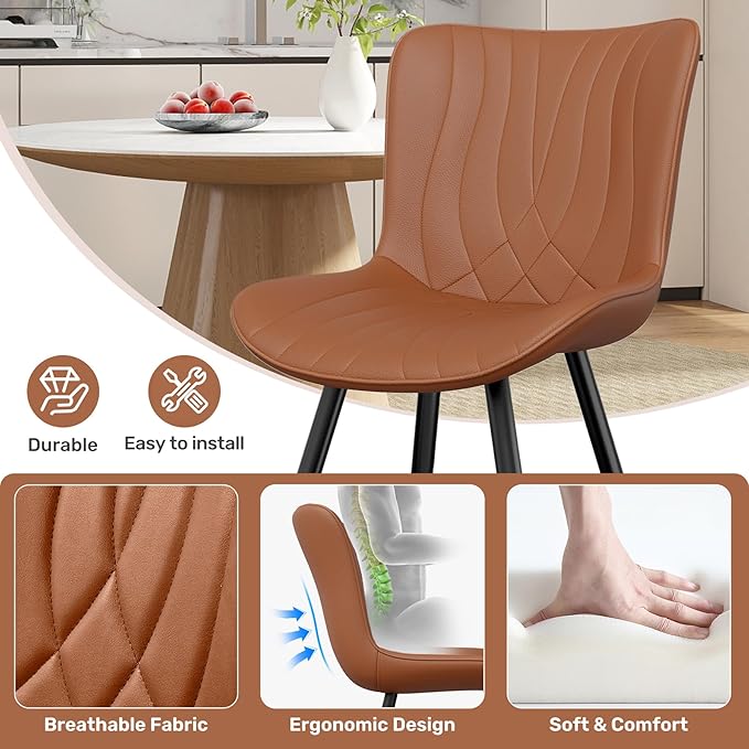 Dining Chair Set of 6,Comfortable PU Leather Dining Room Chairs Upholstered Comfy Dining Chairs Modern Kitchen Armless Side Chair with Sturdy Metal Legs,Umber