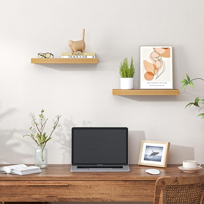 Heimlove Floating Shelves for Wall,16 inchs Shelf for Small Bathroom,Mounted Storage & Display Shelves for Bedroom,Living Room,Kitchen,Office,Set of 2,Oak Color