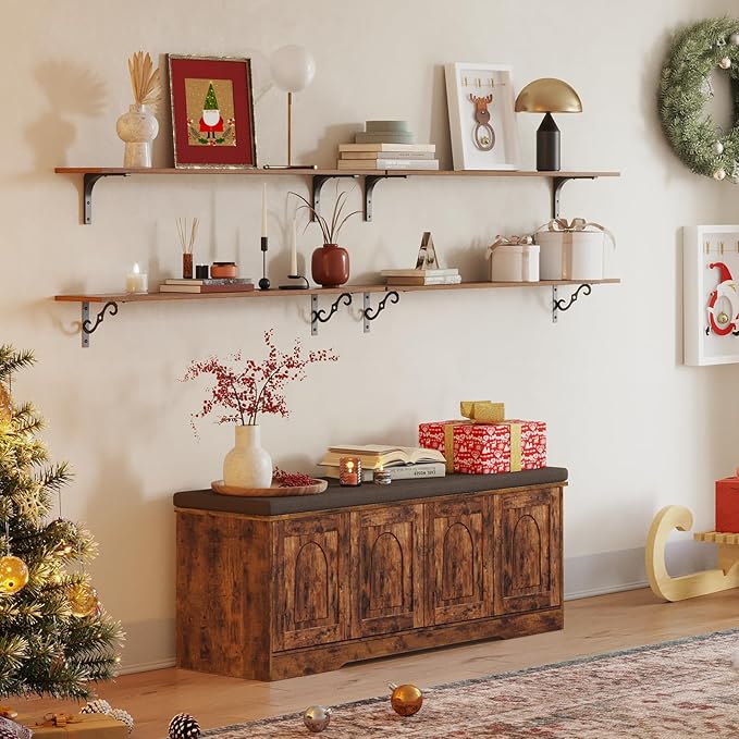 DINZI LVJ Long Wall Shelves, 47.3Inch Wall Mounted Shelves Set of 2, Extra Large Floating Storage Ledges with Sturdy Metal Brackets for Living Room, Bathroom, Bedroom, Kitchen, Rustic Brown