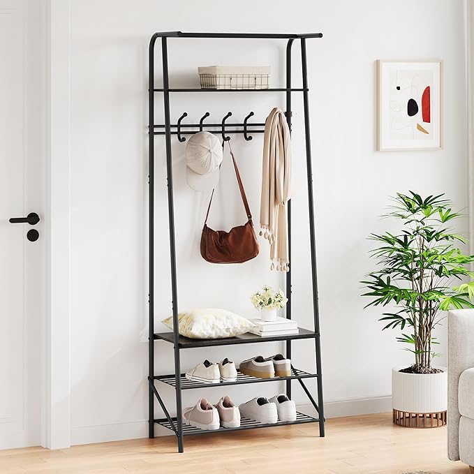 MDF Hall Tree with Bench, 4-in-1 Entryway Coat Rack with Storage Shelf & Shoe Organizer, Sturdy Freestanding Furniture for Living Room, Bedroom, Mudroom